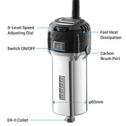 Genmitsu 710W Compact Router 65mm Diameter, 6 Variable Speeds Palm Trimmer Router, with ER11 Collet & 4 Carbon Brushes, Spindle Motor Upgrade for CNC Machines - WoodArtSupply