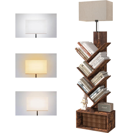 HONGOUZWL 3-Tier Tree Bookshelf with 3-Color LED Lights, Small Narrow Tall Floor Standing Bookcase with Storage Organizer, Rustic Brown Book Shelf for Living Room, Bedroom, Home Office HONGOUZWL