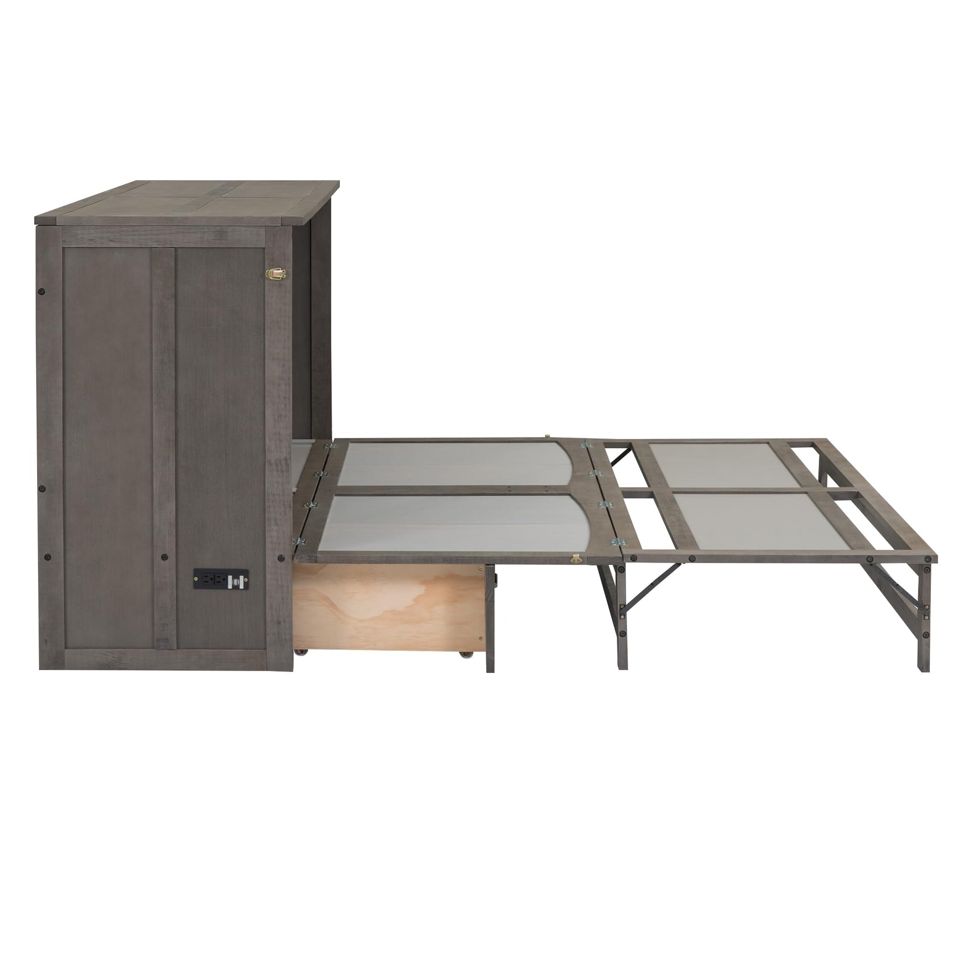 Queen Size Murphy Bed with Charging Station and Storage Drawer in Antique Gray - WoodArtSupply