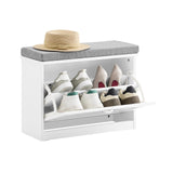 Haotian Small Shoe Storage Bench with Cushion, White Narrow Shoe Rack for Entryway, Small Shoe Cabinet with 2 Tiers Flip-Drawer, FSR195-K-W Haotian