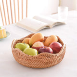 AMOLOLO Handmade Rattan Round Fruit Basket Food Storage Bowls Kitchen Organizer Snack Serving Bowl Wavy Edge Circle Tray Basket, Boho Home Décor Display Tray for Table, Dining Room (Medium 10.2") amololo