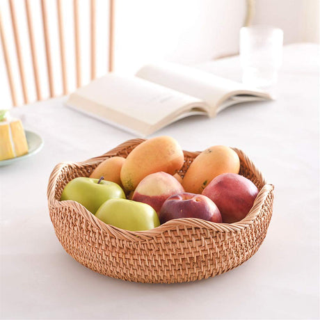 AMOLOLO Handmade Rattan Round Fruit Basket Food Storage Bowls Kitchen Organizer Snack Serving Bowl Wavy Edge Circle Tray Basket, Boho Home Décor Display Tray for Table, Dining Room (Medium 10.2") amololo