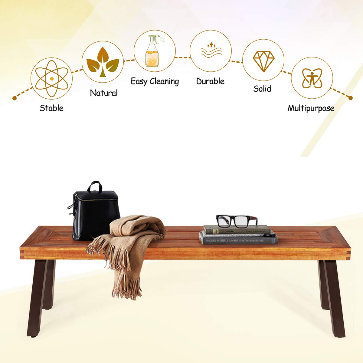 Giantex Outdoor Bench, Acacia Wood Patio Seating, Dining Benches for Garden, Lawn, Farmhouse and Entryway with Metal Legs, Rustic Brown and Black (1) Giantex