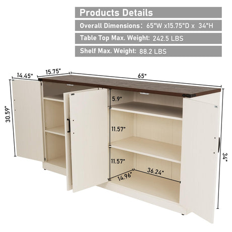 Sideboard Buffet Cabinet with Storage - 65’’ Large Farmhouse Buffet Table Coffee Bar Cabinets, Modern Accent Cabinet with Adjustable Shelf and 4 Doors, for Kitchen, Dining Room, Living Room, White chartustriable