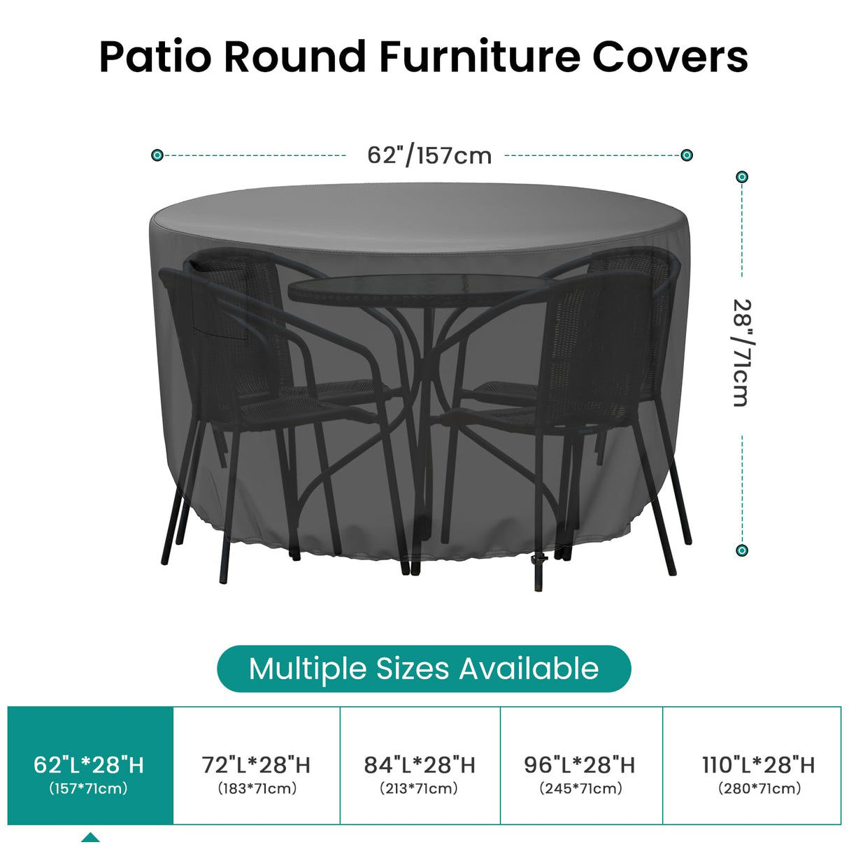 Mrrihand Round Patio Furniture Cover - Outdoor Chair Covers Waterproof Heavy Duty 600D Outdoor Table Chair Set Covers Anti-Fading Cover for Outdoor Furniture Set, 62" DIAx28 H, Black Mrrihand