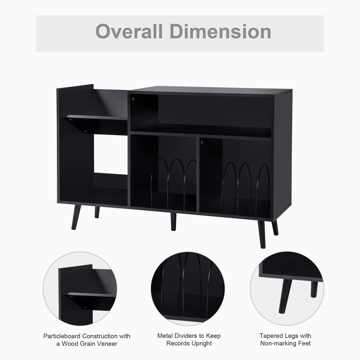 QHITTY Record Player Stand, Mid-Century Modern Vinyl Record Storage Cabinet Table with Wood Legs, Turntable Stand Record Holder Holds Up to 300 Albums for Living Room, Bedroom (Black) QHITTY