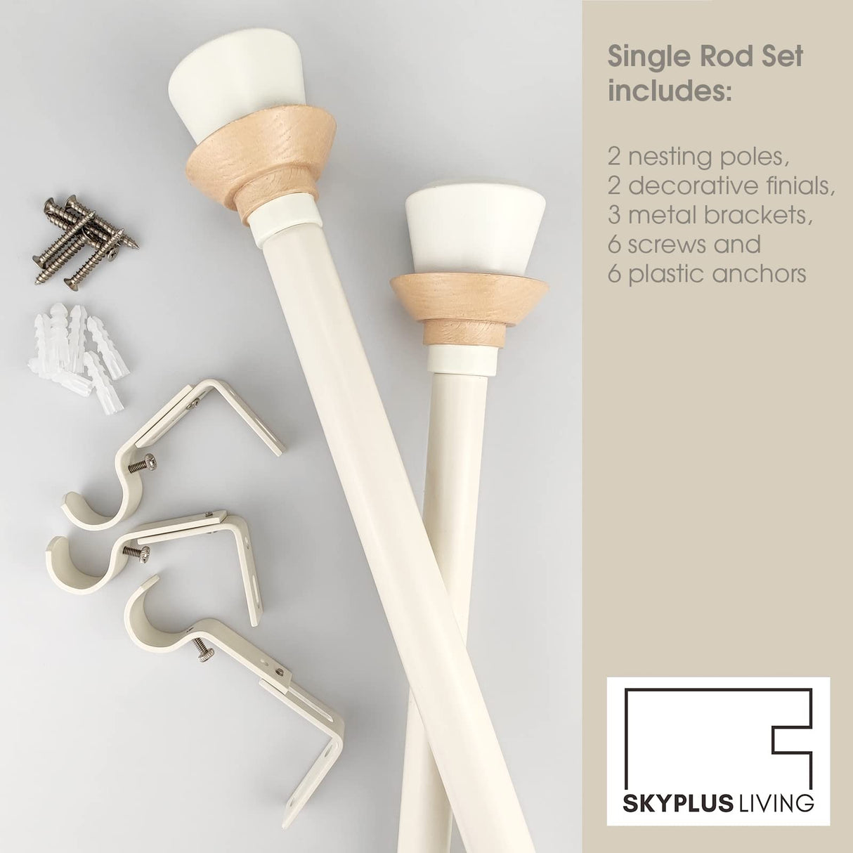 SKYPLUS LIVING Nordic Style White Single Curtain Rod Set with Decorative Finials, 36-72 inch, Standard Single Drapery Rod for 1 Pack, 1 Inch diameter, Adjustable Length (36-72'', White) SKYPLUS LIVING