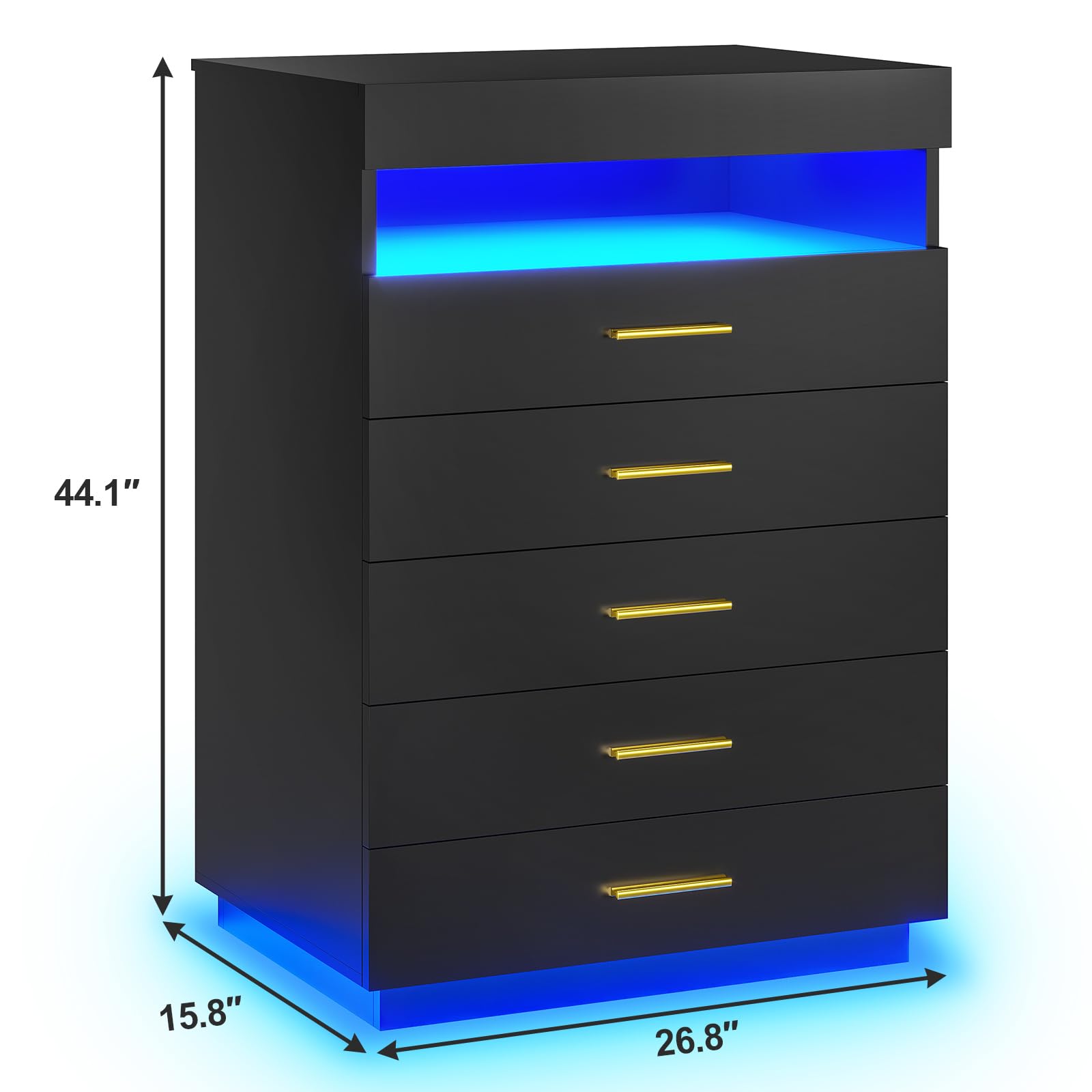 HAUOMS Black 5 Drawer Dresser with LED Lights, Wooden Dresser Chest of 5 Drawers with Pull-Out Tray and Open Space, Tall Dressers for Bedroom, Hallway, Entryway - WoodArtSupply
