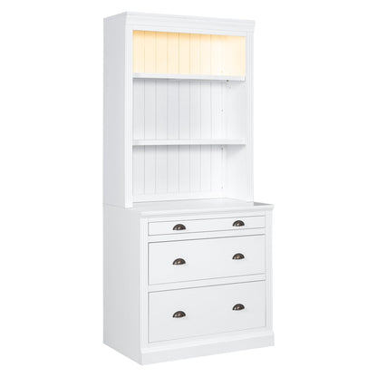 Elegant Holaki Modern Solid Wood Bookcase with 3 Drawers and LED Lighting, 83.4" Tall Multifunctional Storage Solution - WoodArtSupply