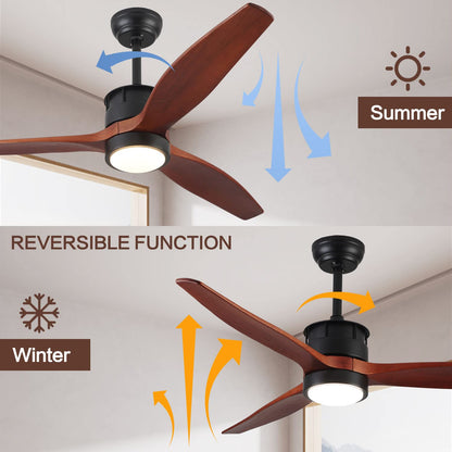 52 Inch Solid Wood Ceiling Fans with Lights Remote Control, Quiet DC Motor 3 Blade Dimmable Modern Indoor Outdoor Ceiling Fan for Living Room,Bedroom,Farmhouse,Office(Black+Solid Walnut Wood)