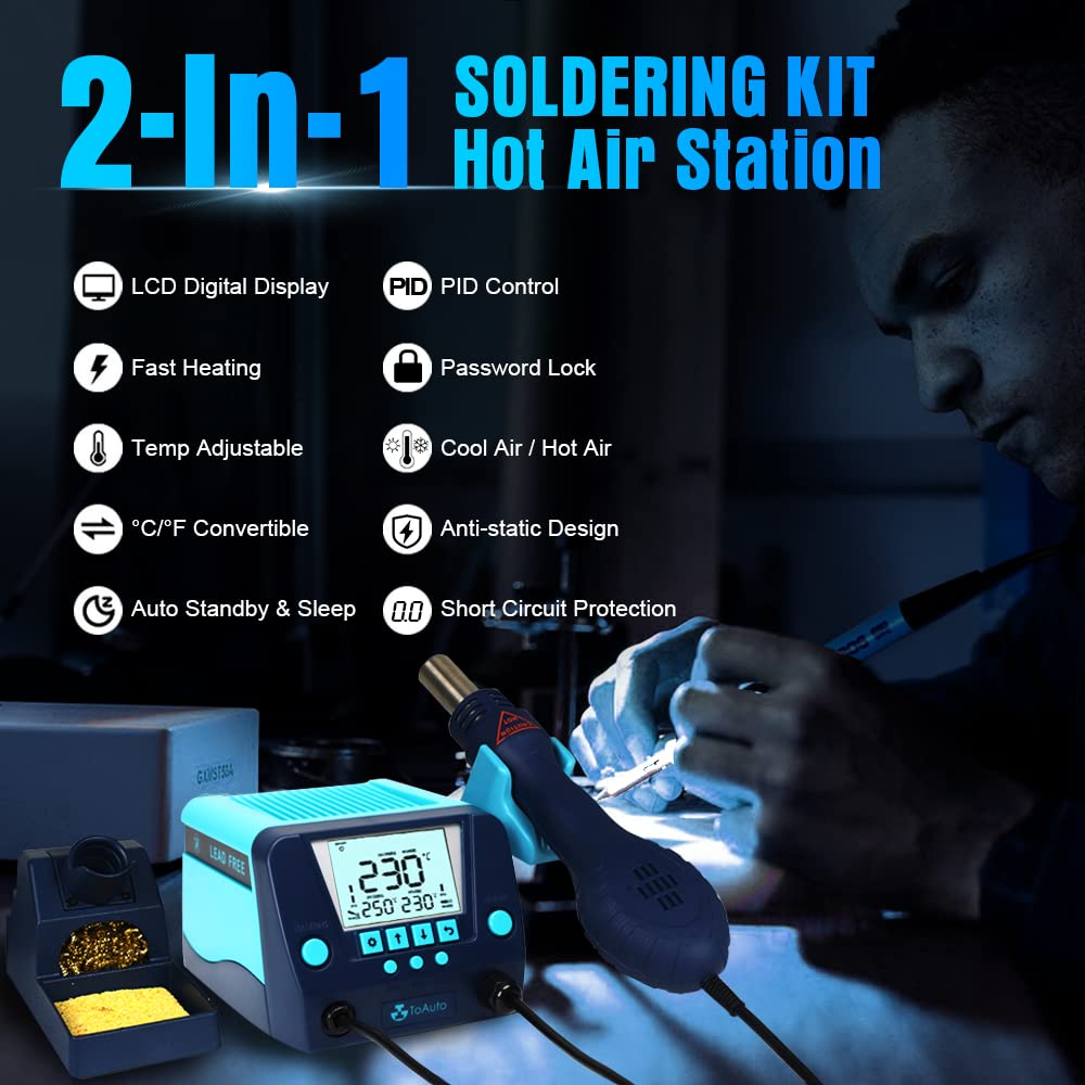 TOAUTO DS882 Soldering Station, 2 in 1 Soldering Iron Hot Air Gun Rework Station Kit with LCD Display,°F /°C, Cool/Hot Air Conversion, Auto Standby & Sleep, Temperature Memory & Lock & Correction TOAUTO
