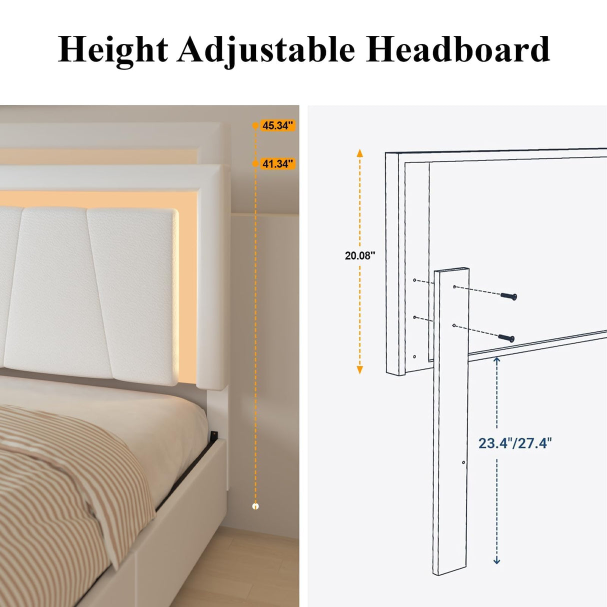 Benevika Full Bed Frame with 4 Storage Drawers and Adjustable Headboard, Upholstered Platform Bed with LED Lights and USB Ports, Solid Wooden Slats Support, No Box Spring Needed, Easy Assembly, Beige Benevika
