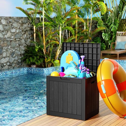 PatioZen 31 Gallon Resin Deck Box, Lockable Package Delivery Box, Waterproof and UV Resistant Outdoor Storage Box for Patio Furniture, Garden Tools and Toys Storage - Black - WoodArtSupply