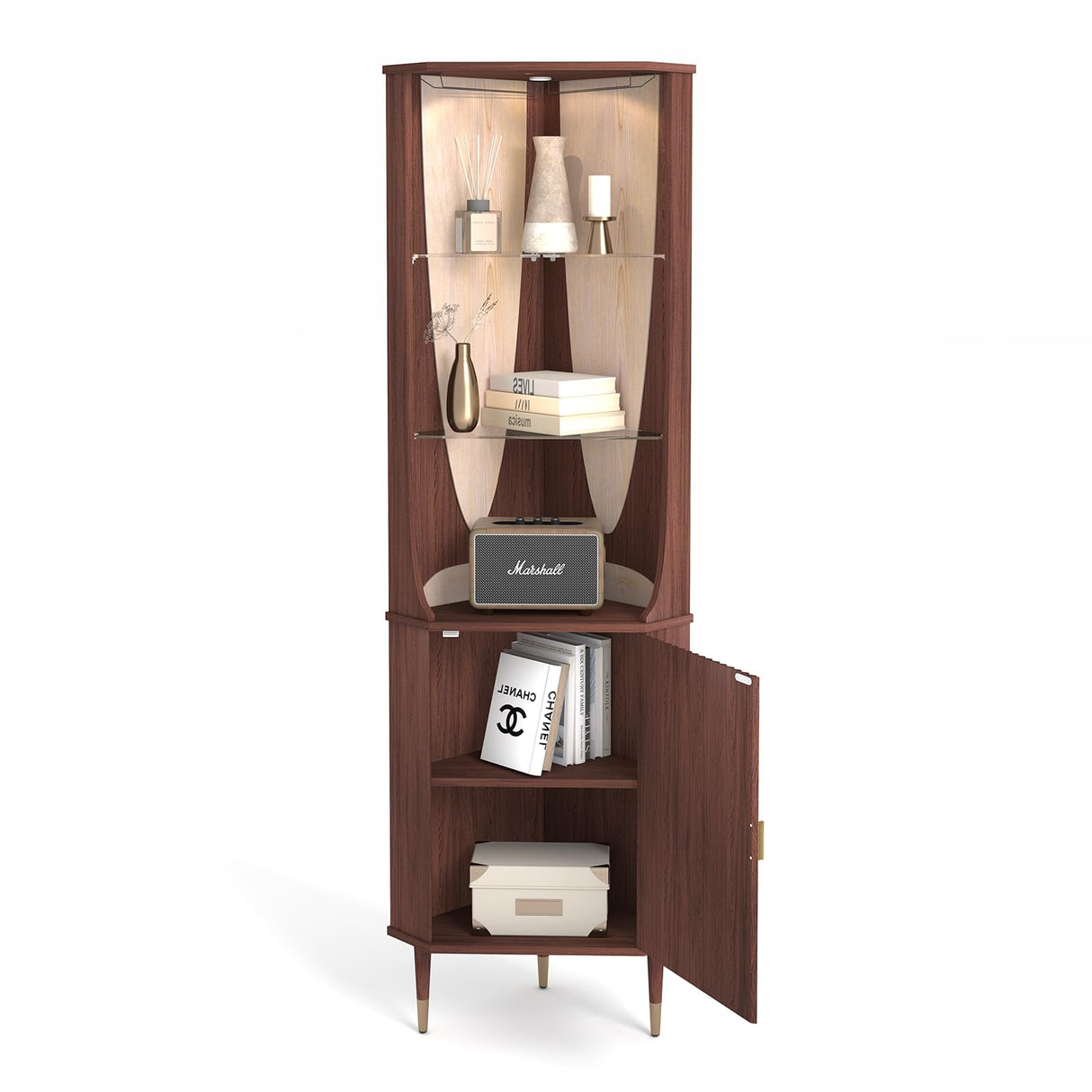 JOINICE,70" Tall Corner Cabinet,Mid Century Modern Storage Cabinet with Glass Shelves,Corner Bar Cabinet with Door & Lighting,Space Saver for Living Room,Bedroom,Dining Room,Kitchen,Walnut JOINICE