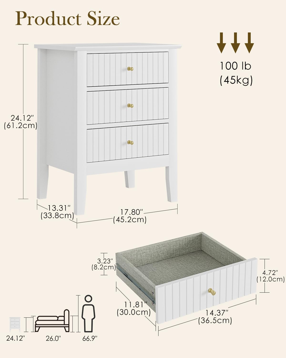 Apetaccat Fluted Nightstand, Farmhouse Night Stand with 3 Drawers, Mid Century Modern Side Accent Table,Bedside End Table for Bedroom, Living Room, White Apetaccat