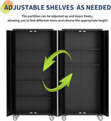 72" Garage Storage Cabinet with Wheels, Locking Metal Cabinet with Door Pegboard & 4 Adjustable Shelves, Heavy Duty Steel Rolling Tool Cabinet for Garage, Workshop, Home, Office - Black Tioutbot