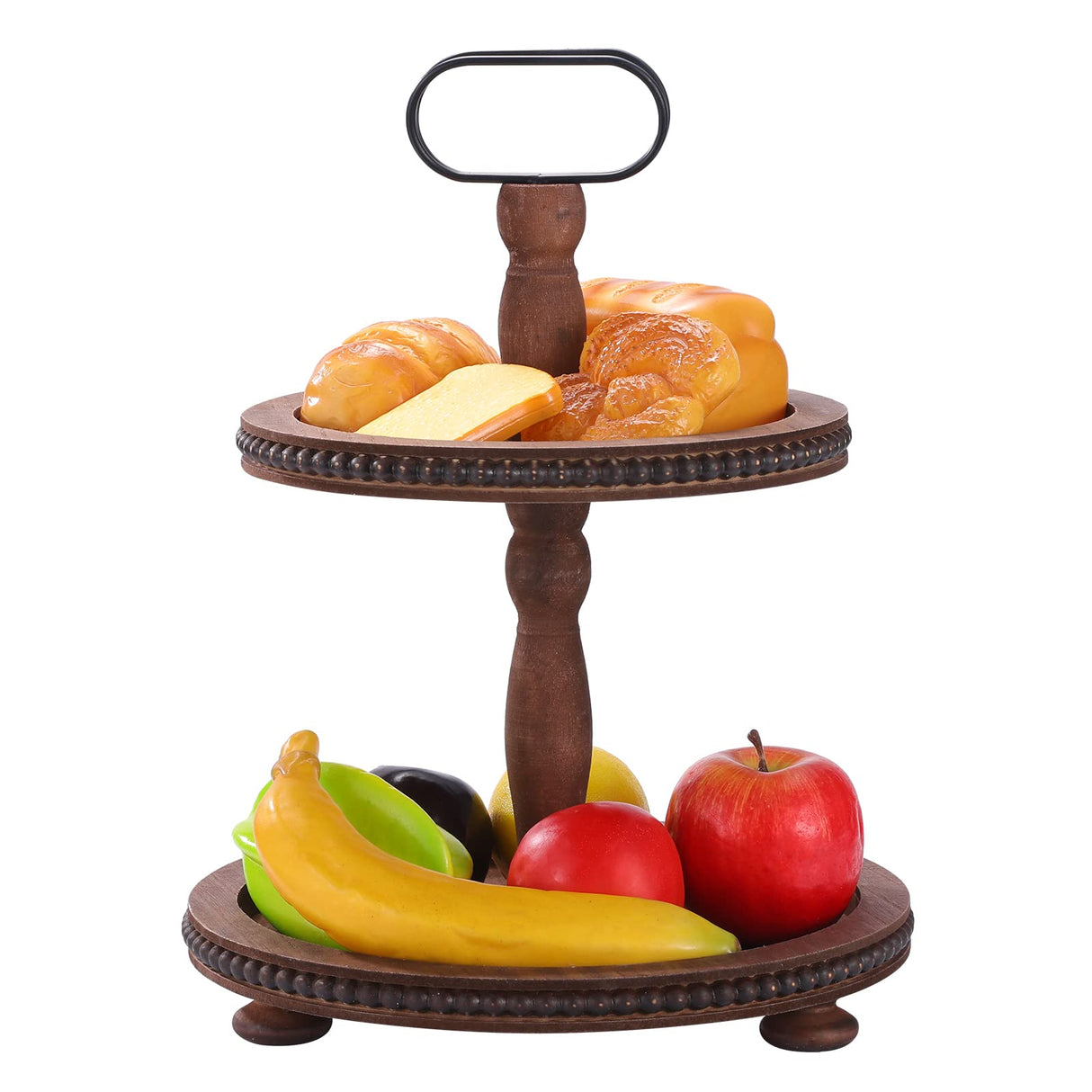 Urban Deco Wooden Decorative Tray Two Tiered Tray Decorations Round Serving Tray with Metal Handle, Wooden Cupcake Stand for Party Tiered Dessert Stand - Dark Brown Farmhouse Wooden Tray Urban Deco