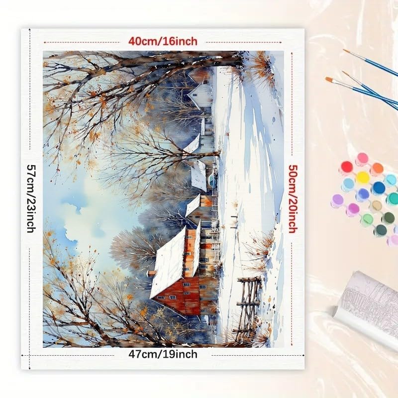 Country Winter Paint by Numbers Kit for Adults - DIY Snowy Red Barn and Rural Houses Painting on Canvas 16x20 Inches, Acrylic Paint Set, Suitable for Beginners, Art for Home Decoration or Gifts DecorFriday