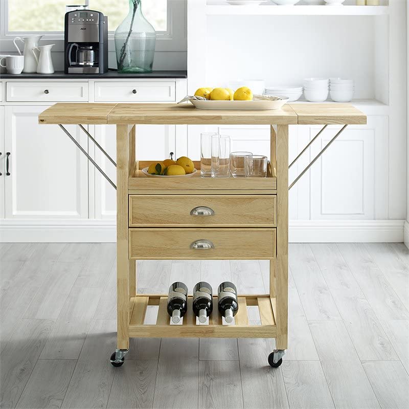 Pemberly Row Transitional Wood Drop Leaf Kitchen Cart in Natural