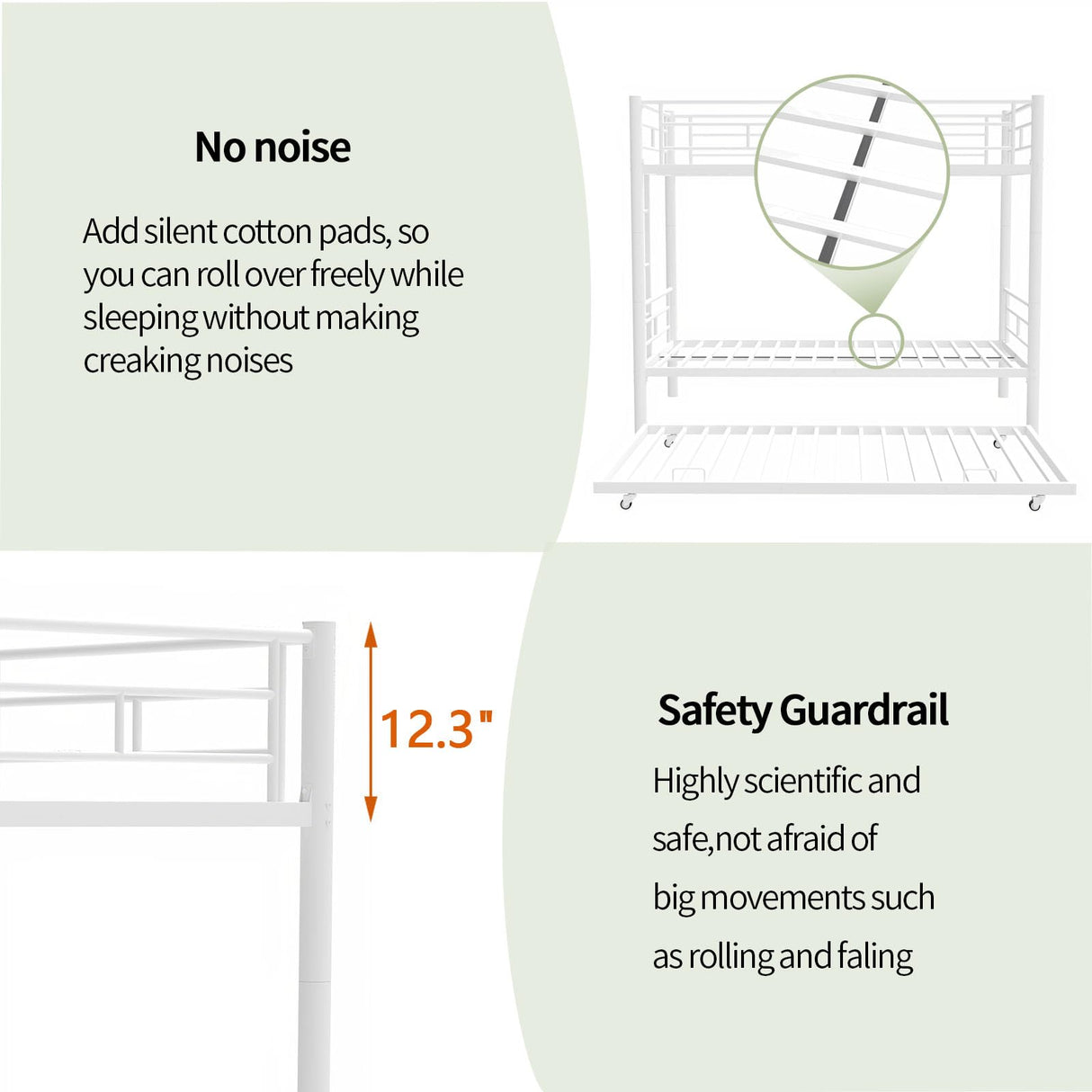 GNIXUU Twin Over Twin Metal Bunk Bed with Trundle, Heavy Duty Sturdy Beds Frame with Side Ladder, Convertible Bunkbed Safety Guardrails, No Box Spring Needed, White GNIXUU