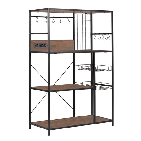 fusehome Bakers Rack with Power Outlet, Microwave Stand with Storage, Coffee Bar Organizer Cabinet with Wire Basket, Kitchen Shelf for Spices, 10 Hooks, Industrial, Brown fusehome