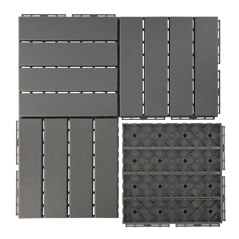 Plastic Interlocking Deck Tiles, 9 Pack Patio Deck Tiles,12"x12" Waterproof Outdoor Flooring All Weather Use, Patio Floor Decking Tiles for Porch Poolside Balcony Backyard, 9 sq. ft Dark Grey