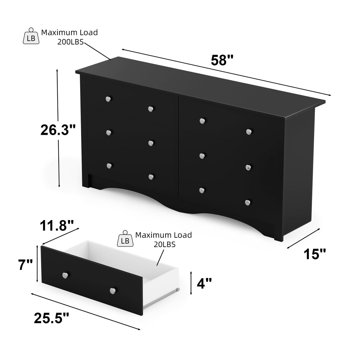 Flamaker 6 Drawer Dresser Chests for Bedroom, Storage Dressers Organizer with Anti-Tilt Devices, Modern Wide Wood Chest of Drawers for Living Room Hallway Entryway (Black) Flamaker