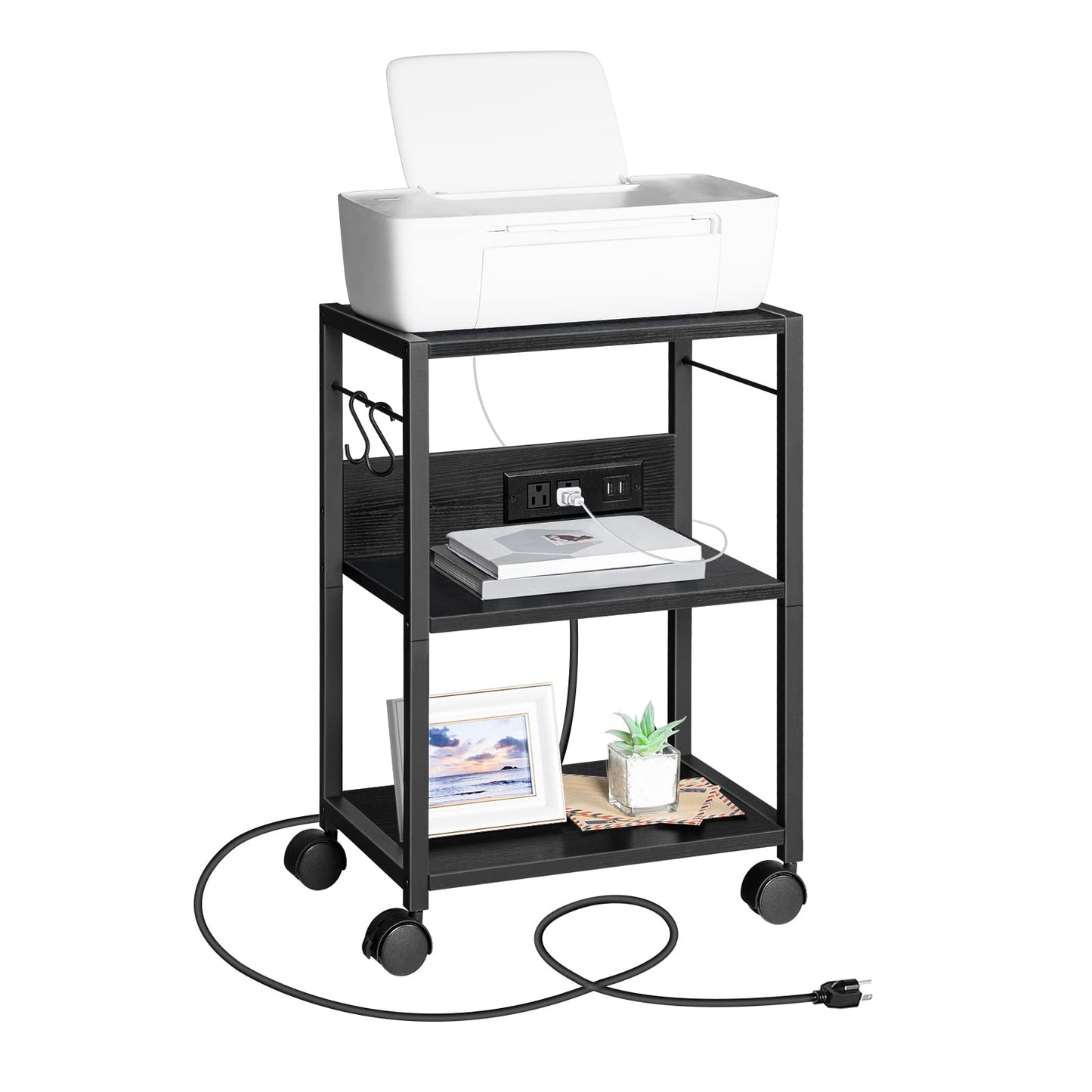 MAHANCRIS Industrial Printer Cart, 3-Tier Mobile Printer Stand, Rolling Cart with Power Outlets and USB Ports, Home Printer Stand with 2 Hooks, for Office, Living Room, Black PTHB40E01 - WoodArtSupply