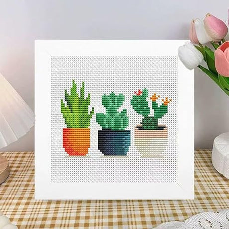 Tiwabb Succulent Cross Stitch Kits,Cactus Cross Stitch Kits for Adults Beginner with Framed,Embroidery Kit Stamped 11CT Cross Stitch Arts and Crafts for Adults Partial Cross Stitch 6.7x6.7inch Tiwabb