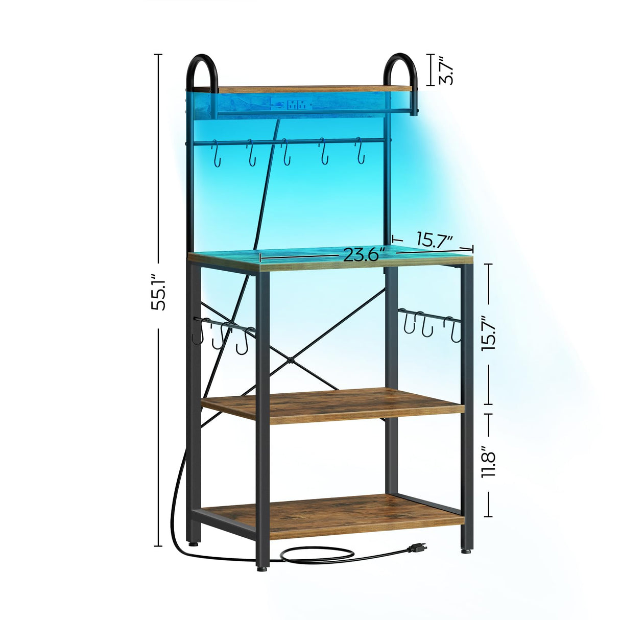 YATINEY Bakers Rack with Power Outlets and Led Lights, 4-Tier Microwave Stand, Coffee Bar Station, Kitchen Storage Shelf, Kitchen Spice Rack with S-Shaped Hooks, for Pots and Pans, Rustic Brown HB20BR YATINEY