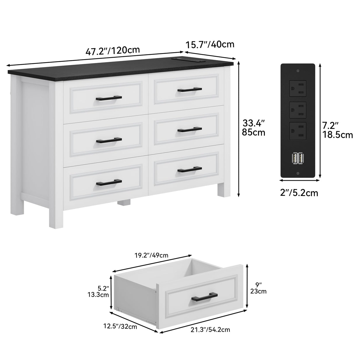 YITAHOME 6-Drawer Dresser with Built-in Power Outlet, Wood TV Stand with 6 Large Drawers & Bar Handles, Dresser Chest of Drawers for Entryway Living Room Hallway, White & Black YITAHOME
