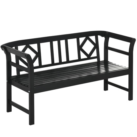 Outsunny Wooden Patio Bench, Outdoor Garden Bench with Backrest and Armrests, 3 Person Porch Bench with Rustic Country Diamond Pattern, Black Outsunny