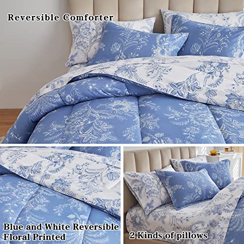 Flysheep Botanical Bed in a Bag Queen Size 7 Pieces, Reversible Blue and White Flower Printed Comforter Bedding Set (1 Comforter, 1 Flat Sheet, 1 Fitted Sheet, 2 Pillow Shams and 2 Pillowcases) Flysheep