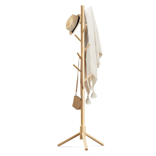 Haddockway Wooden Coat Rack Stand with 8 Hooks New Zealand Pine 3 Adjustable Coat Standing Tree Easy Assembly for Coats, Hats, Scarves and Handbags for Entryway, Hallway, Bedroom, Office