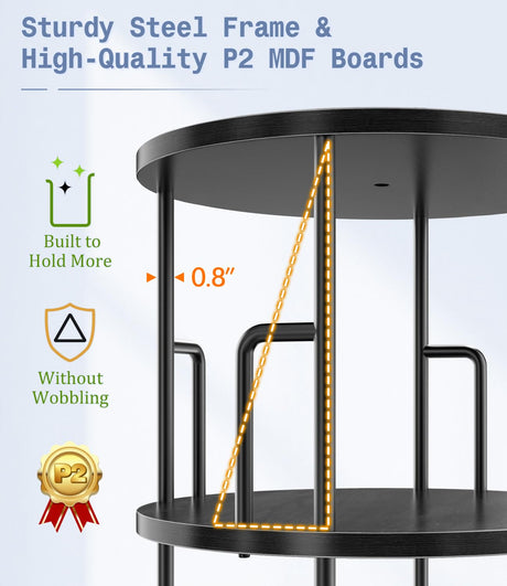 5 Tier Rotating Bookshelf Tower Round Black,62”Tall Standing Spinning Bookshelf Tower Anti-Tipping Design,Metal & Wood Revolving Bookcase Stackable Space Saving for Small Spaces,Study,Living Room Amzeth