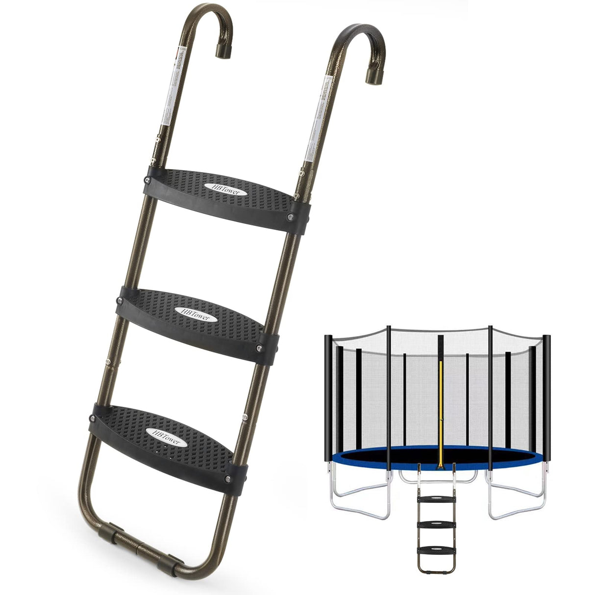 HBTower Trampoline Ladder, 3-Step Trampoline Steps with Horizontal Wide Steps, Skid-Proof Steps Universal Hook, UV Treated Steel, 220Lbs Capacity Trampoline Stairs Accessories for Kids/Children HBTower