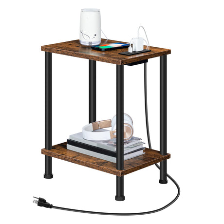 HOOBRO Side/End Table with Charging Station, USB Ports and Outlet, Nightstand with 2-Layer Storage Shelves for Small Spaces, Living Room, Bedroom, Stable Frame, Rustic Brown BF09UBZ01 HOOBRO