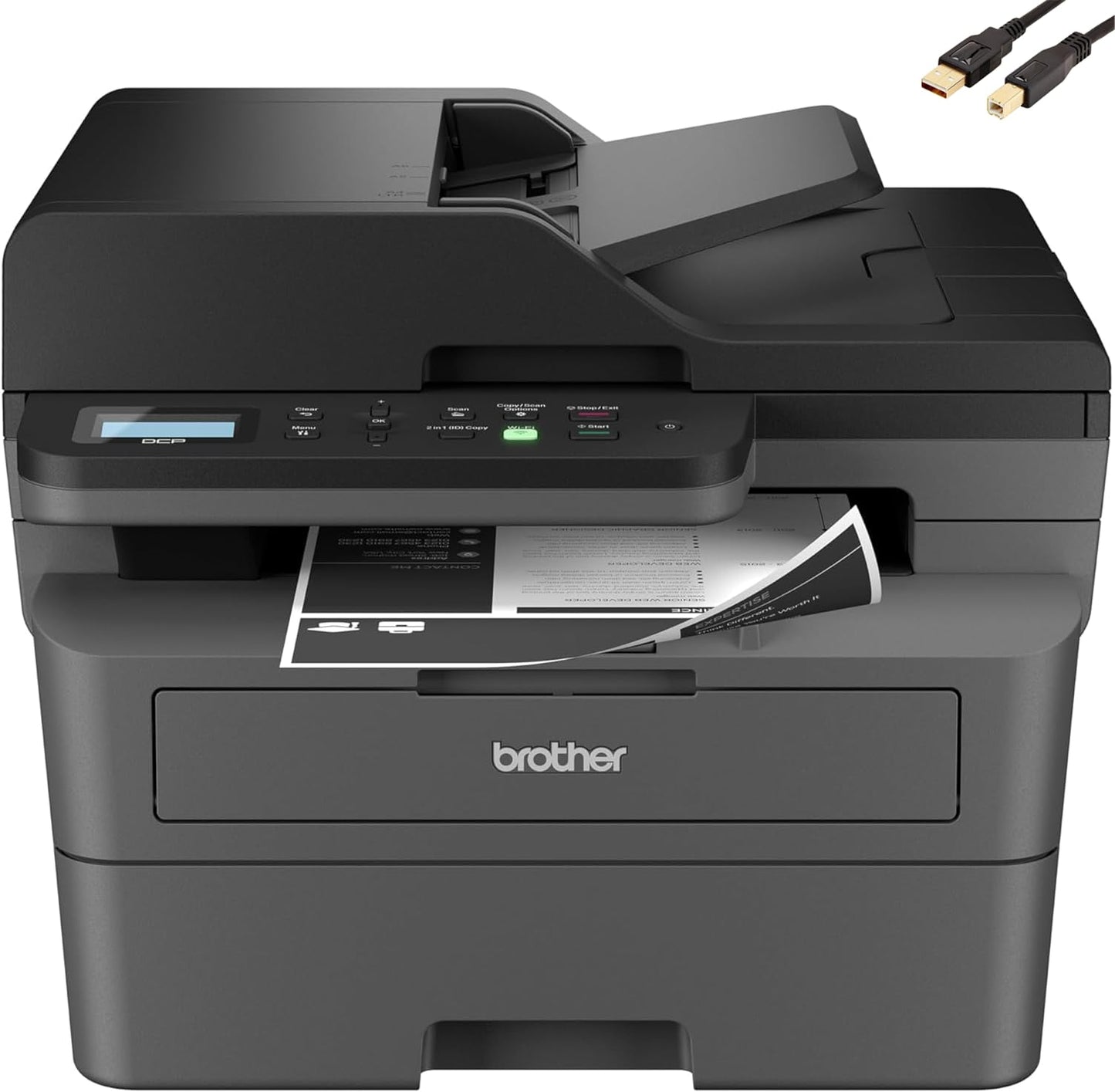 Brother DCP-L26 Series Wireless Monochrome 3-in-1 Laser Printer, 36 ppm in Black, 250 Sheets, Mobile Printing, Automatic Two-Sided Printing, Refresh Subscription Trial, Gray, with MTC Printer Cable