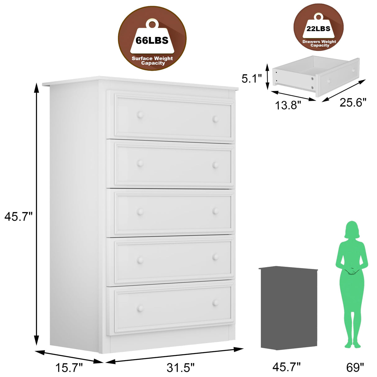 KSOBEBVT 5 Drawer Dresser, Tall Wooden Chest of Drawers for Bedroom, Closet Storage Cabinet and Organizer Drawers for Living Room Hallway Entryway, 15.7" D x 31.5" W x 45.7" H (White) KSOBEBVT