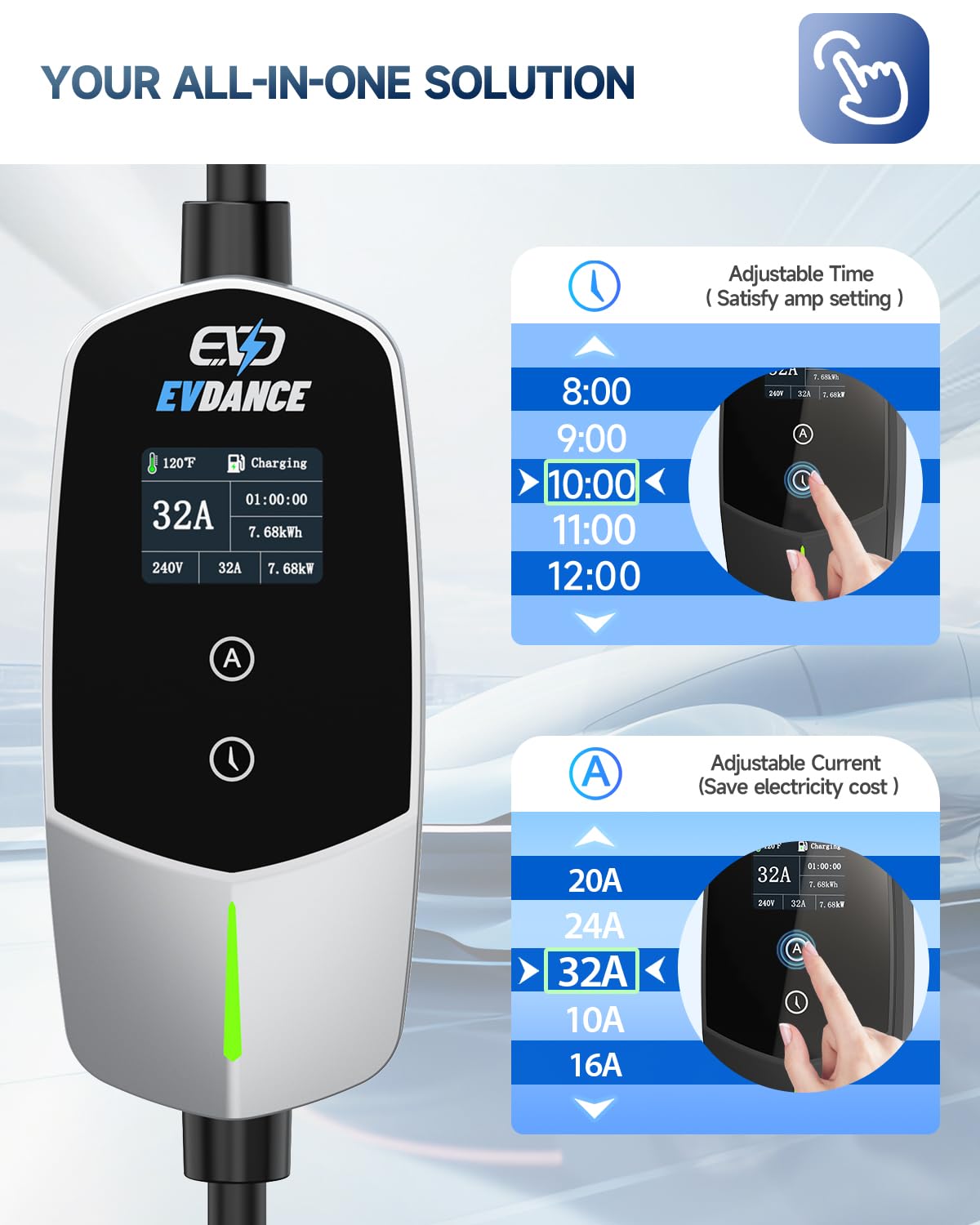 EVDANCE Level 2 EV Charger - Portable 32A EV Charger NEMA 14-50 with 25ft Cable, Adjustable Current/Delay Charging for Electric Car Charger EVDANCE