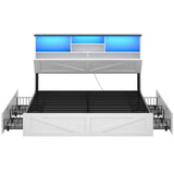 AOGLLATI Farmhouse Bed Frame Full Size with 4 Storage Drawers and Charging Station, Wooden Full Size Bed Frame with Hidden Space Bookcase Headboard and Led Lights & Metal Slats, White AOGLLATI