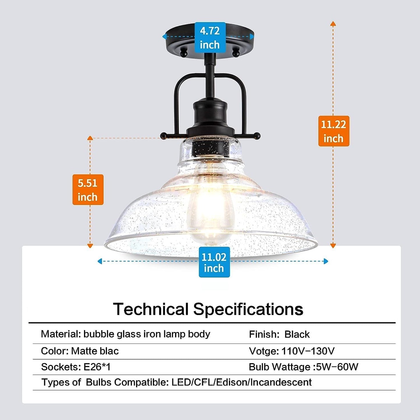 Zlepmlla Flush Mount Ceiling Light Fixture < Bulb NOT Included >, Black Metal Frame Ceiling Light Fixture with Seeded Glass, Farmhouse Light Fixture for Kitchen Island Entryway Porch Foyer