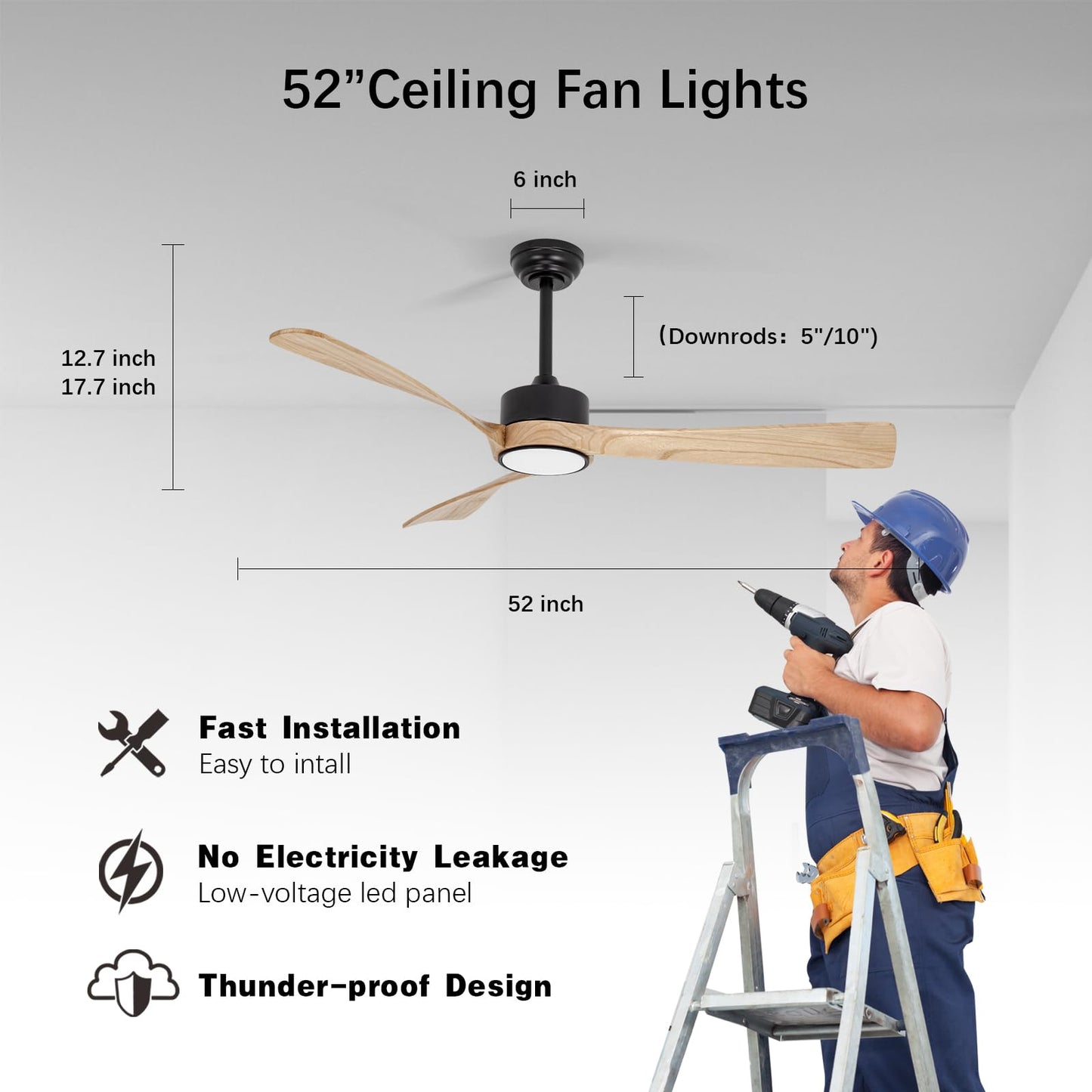 raccroc Wood 52in Flush Mount Ceiling Fans with Lights and Remote,22W LED Light,3 dark brown Wood Blades,6 Speeds,Reversible Quiet DC Motor - WoodArtSupply