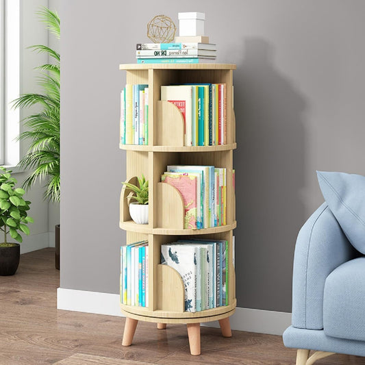 Gdrasuya10 3-Tier Natural Wood Rotating Bookshelf with 4 Legs for Easy Storage and Display - WoodArtSupply