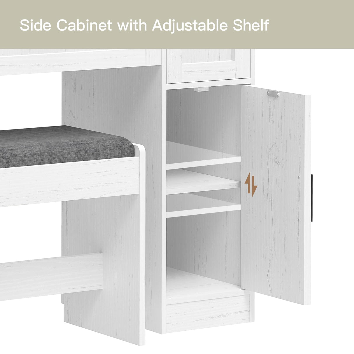 usikey Farmhouse Vanity Desk with Large Lighted Mirror and 10 Lights, 43.3" Glass Tabletop Makeup Vanity with 3 drawers, Large Vanity Tabel Set with Long Shelf, 2 Cabinets and Stool, Antique White usikey