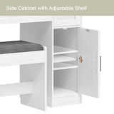 usikey Farmhouse Vanity Desk with Large Lighted Mirror and 10 Lights, 43.3" Glass Tabletop Makeup Vanity with 3 drawers, Large Vanity Tabel Set with Long Shelf, 2 Cabinets and Stool, Antique White usikey