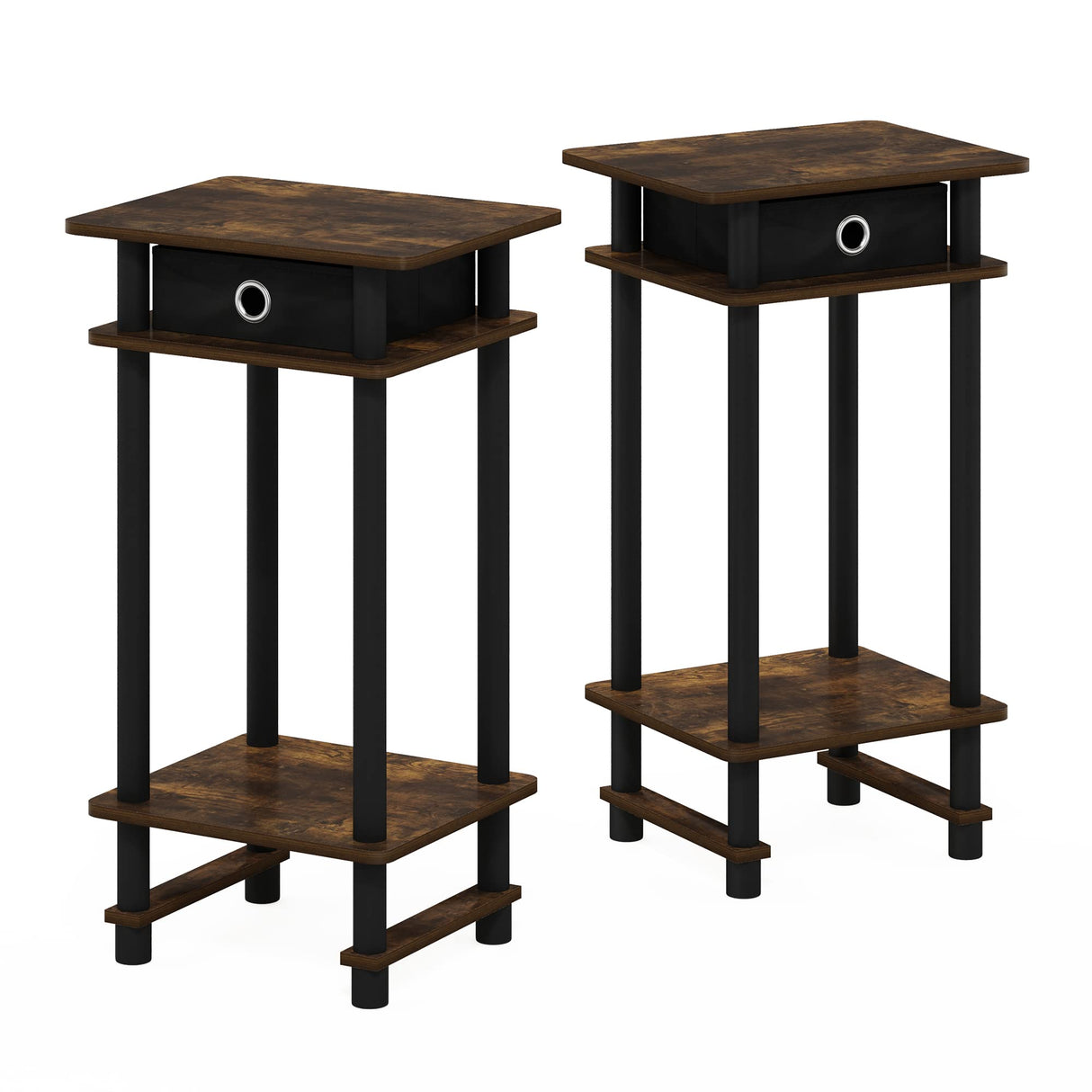Furinno Turn-N-Tube Tall End Side Night Stand/Bedside Table with Bin Drawer, 2-Pack, Amber Pine/Black/Black Furinno