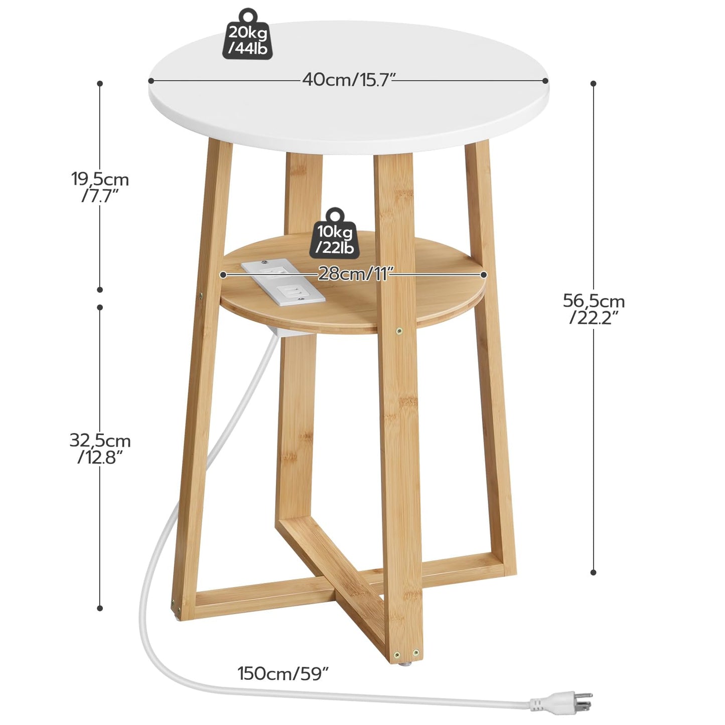 HOOBRO Set of 2 Round Side Tables with Charging Station, Round Accent End Table with Bamboo Legs for Living Room, Bedroom, White and Natural YW101UBZP201