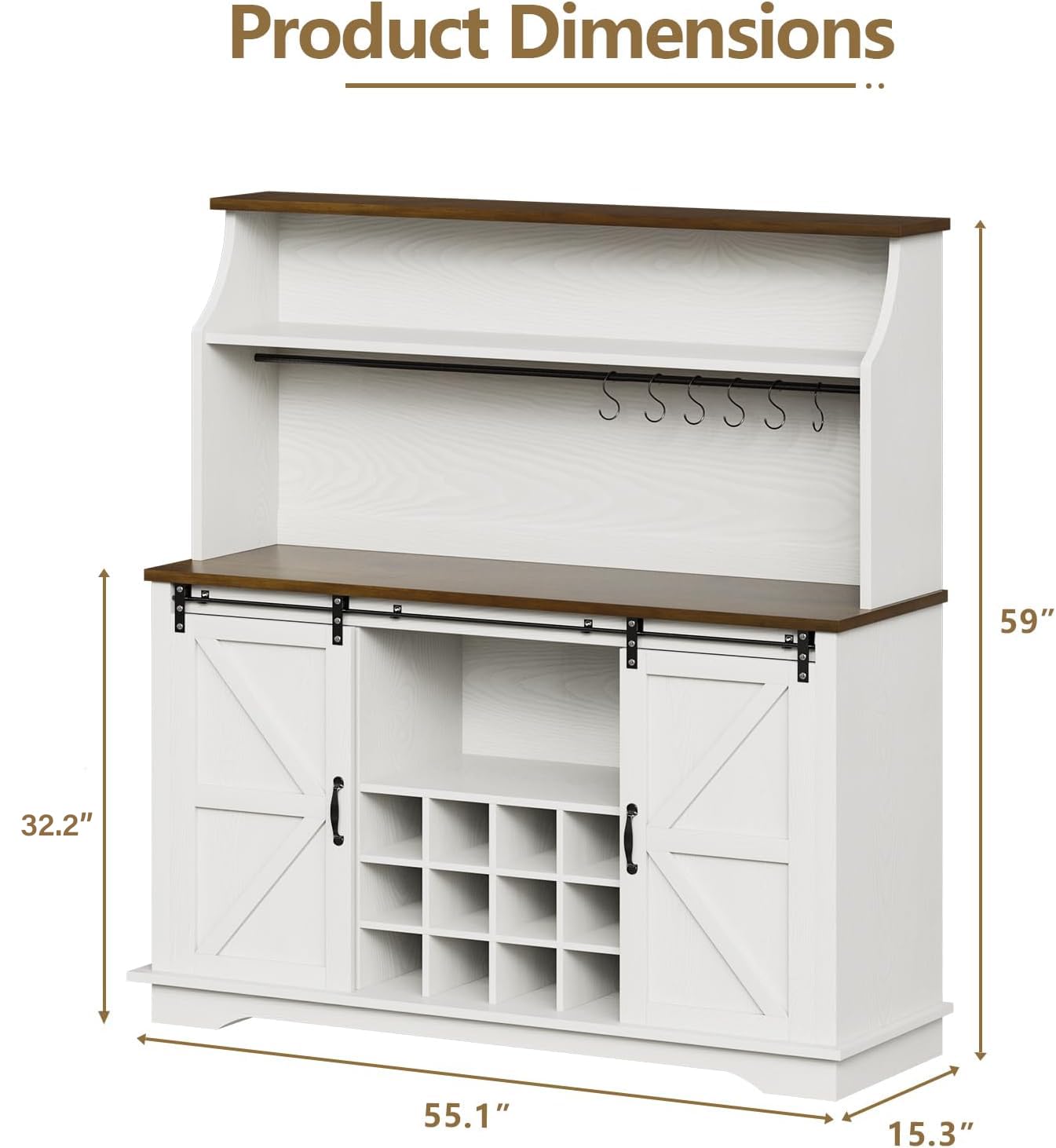 55" Farmhouse Coffee Bar with 3-Tier Storage, Kitchen Hutch Storage Cabinet with 6 Hooks, Wine Bar Cabinet with 12 Wine Racks & 3 Glass Holders, Hutch Cabinet with Storage for Dining Room, White