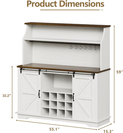 55" Farmhouse Coffee Bar with 3-Tier Storage, Kitchen Hutch Storage Cabinet with 6 Hooks, Wine Bar Cabinet with 12 Wine Racks & 3 Glass Holders, Hutch Cabinet with Storage for Dining Room, White